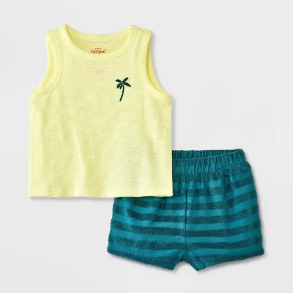 Cat & Jack Light Yellow Tank and Teal Striped Shorts Set